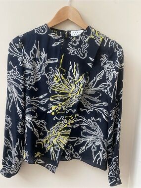 Tanya Taylor Navy Floral-Print Long-Sleeve Blouse with Yellow Accents